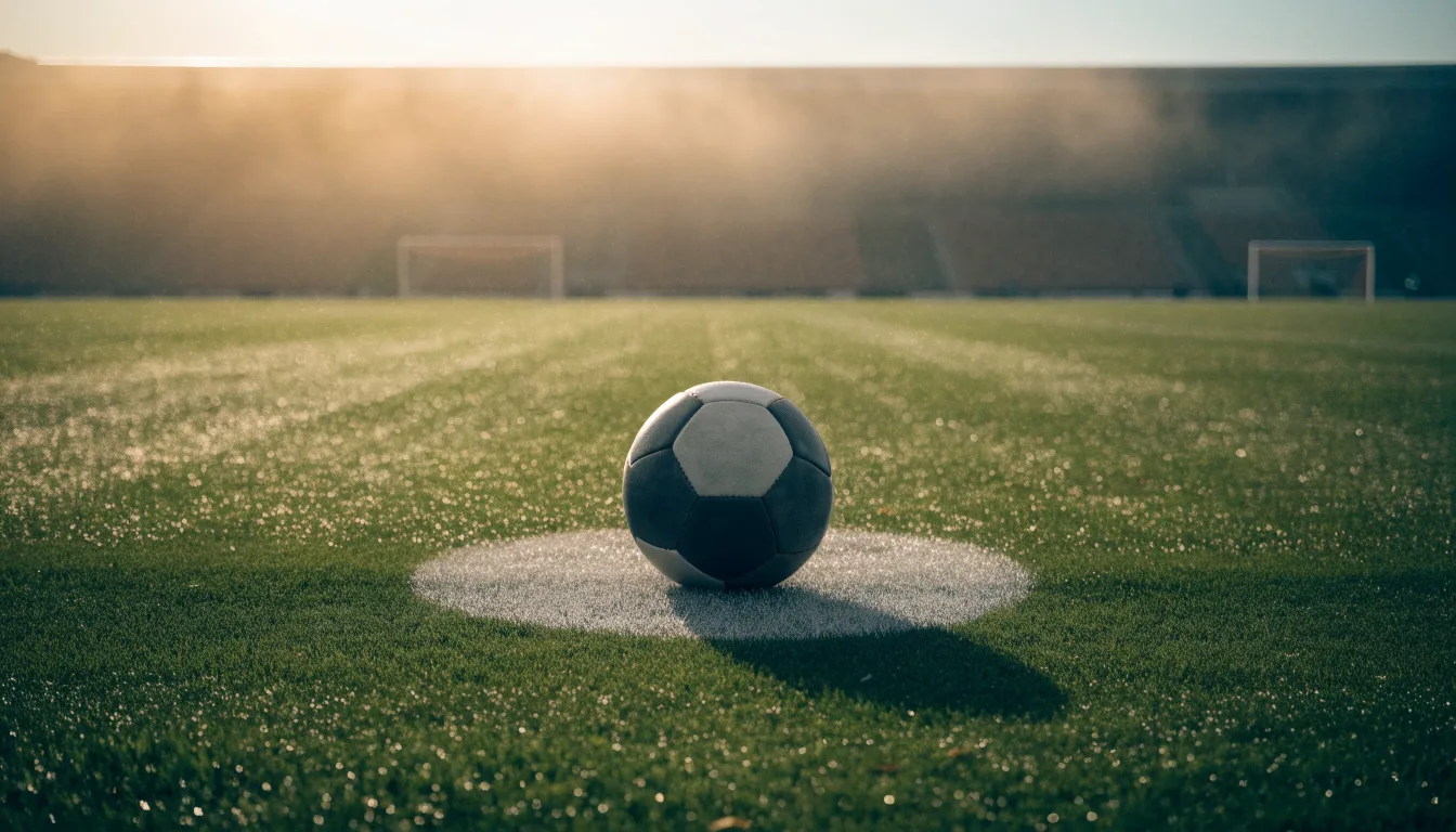 Ein einzelner Fussball liegt auf dem Anstosspunkt eines leeren Rasenplatzes am frühen Morgen, Tau glitzert auf dem Gras, die Tribüne liegt im Dunst.