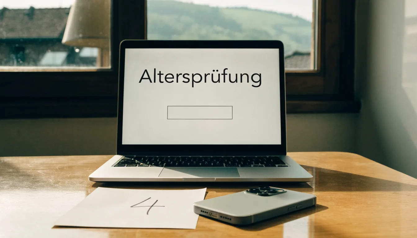 Eine Waage aus Messing steht auf einem polierten Schreibtisch vor einem Fenster mit Blick auf Dächer und sanfte Hügel.