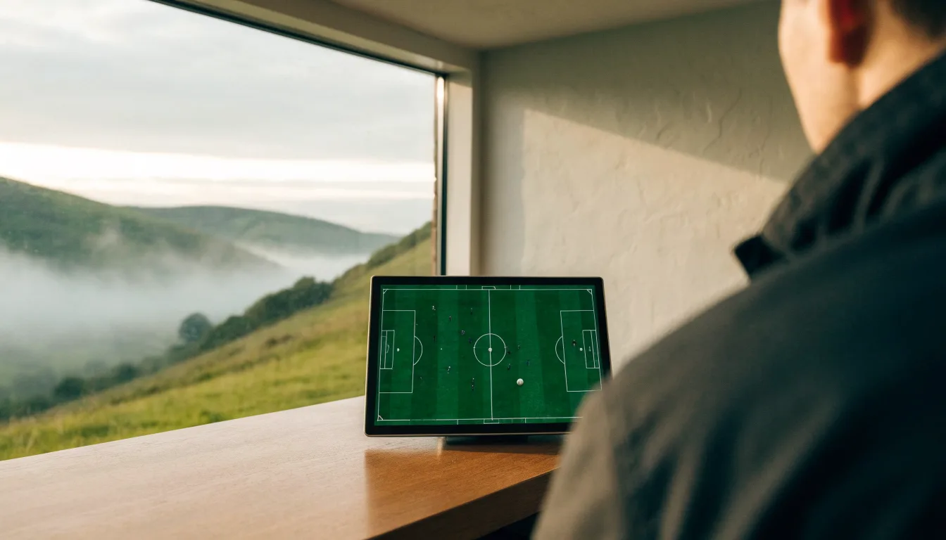 Ein leeres Stadion im Morgenlicht mit Blick auf die Sitzreihen, im Hintergrund Hügel und aufsteigender Nebel.