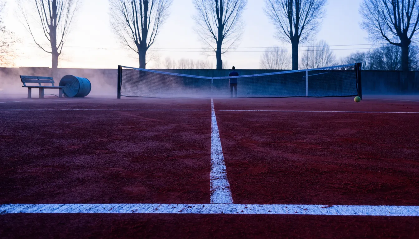 Ein Tennisplatz bei Sonnenaufgang, die Linien frisch gezogen, das Netz in der Mitte und Nebel über dem Boden.