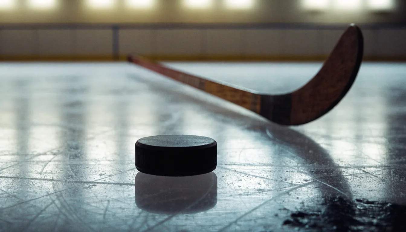 Ein Eishockeypuck liegt auf dem Eis, im Hintergrund unscharf die Bande unter hellem Hallenlicht.