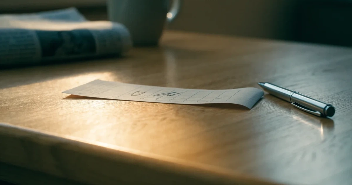Ein leerer Wettschein aus Papier liegt neben einem Kugelschreiber auf einem Holztisch, weiches Licht fällt von der Seite.