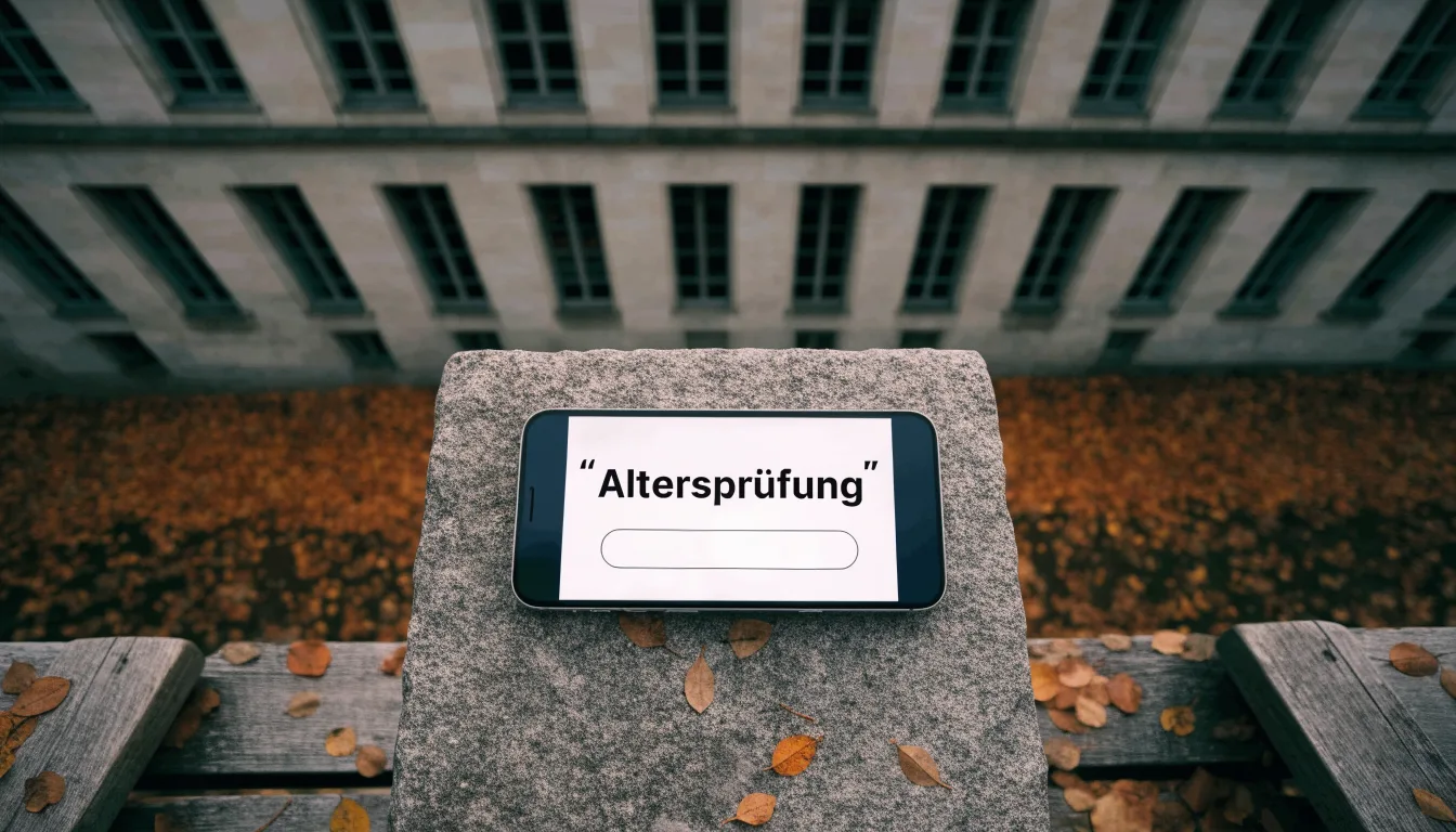 Eine Holzbank steht vor einem Verwaltungsgebäude aus Stein mit hohen Fenstern, Herbstlaub liegt auf dem Boden.