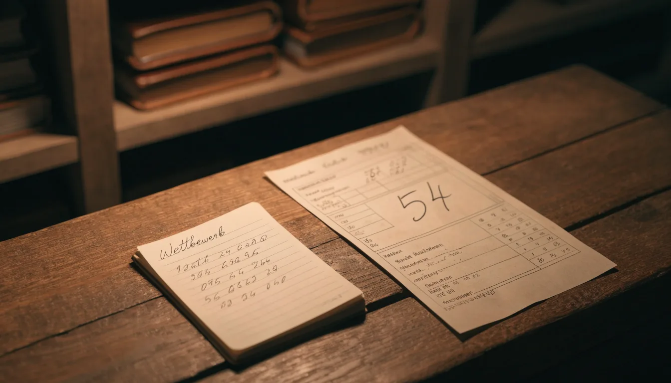 Ein alter Holztresen mit einem Notizbuch und einem Taschenrechner in warmem Lampenlicht, Regale im Hintergrund.