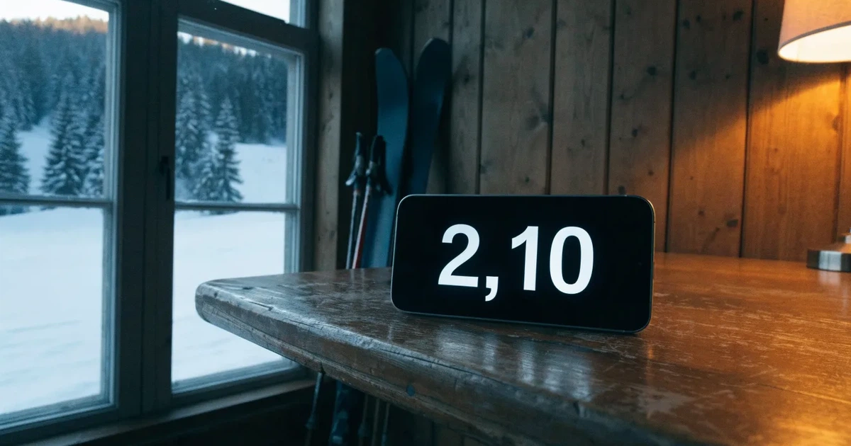 Mehrere Skier und Stöcke lehnen ordentlich in einer Reihe an der Holzwand einer Berghütte, vor dem Fenster liegt Schnee.