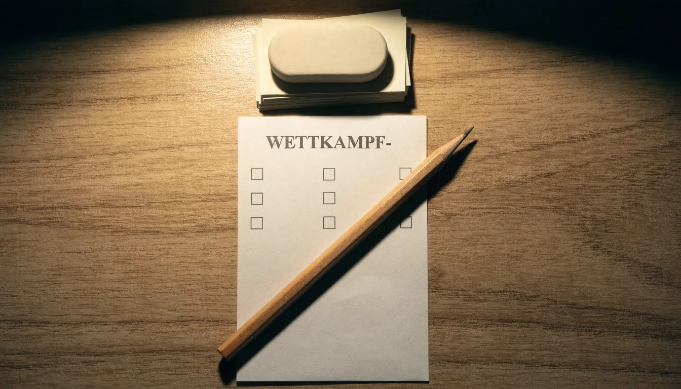 Ein Bleistift und ein Radiergummi liegen auf einem kleinen Stapel Notizzettel, gelbes Licht einer Schreibtischlampe.