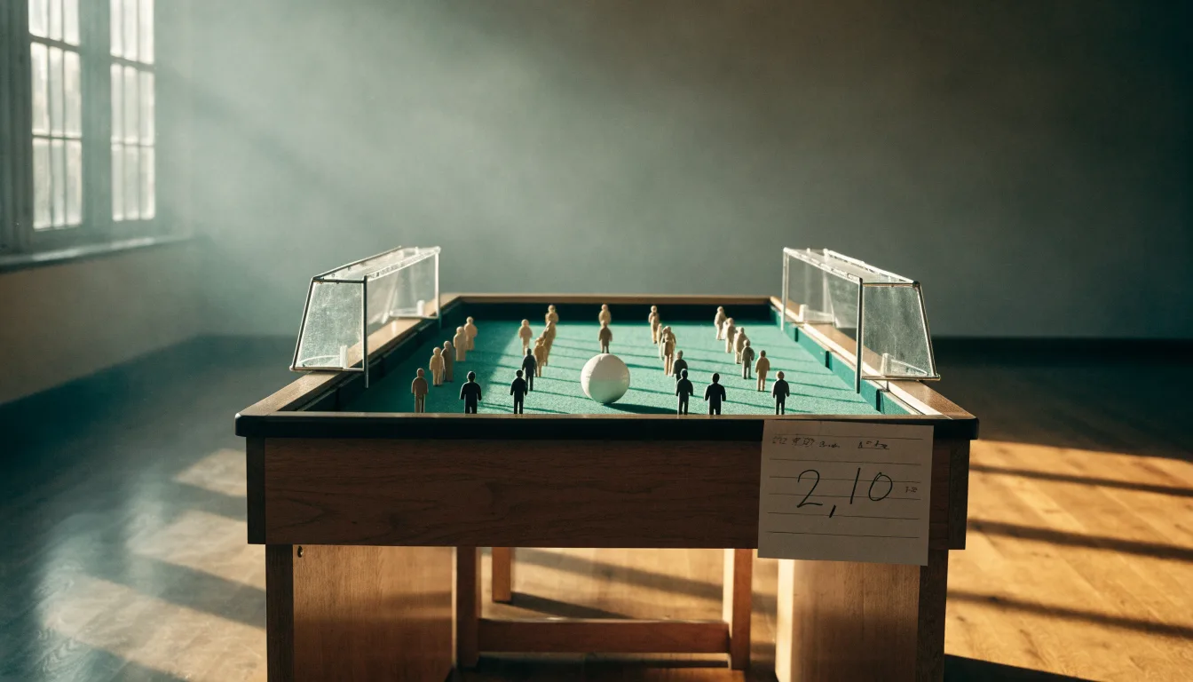 Ein Tischfussballtisch steht in einem leeren Aufenthaltsraum, Nachmittagslicht fällt durch ein Fenster.