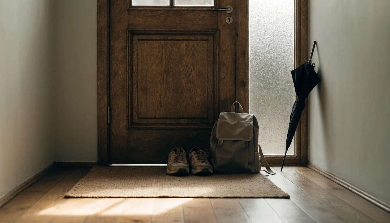 Ein Rucksack und Turnschuhe stehen an einer Haustür, daneben ein Regenschirm, durch das Glas fällt Morgenlicht.