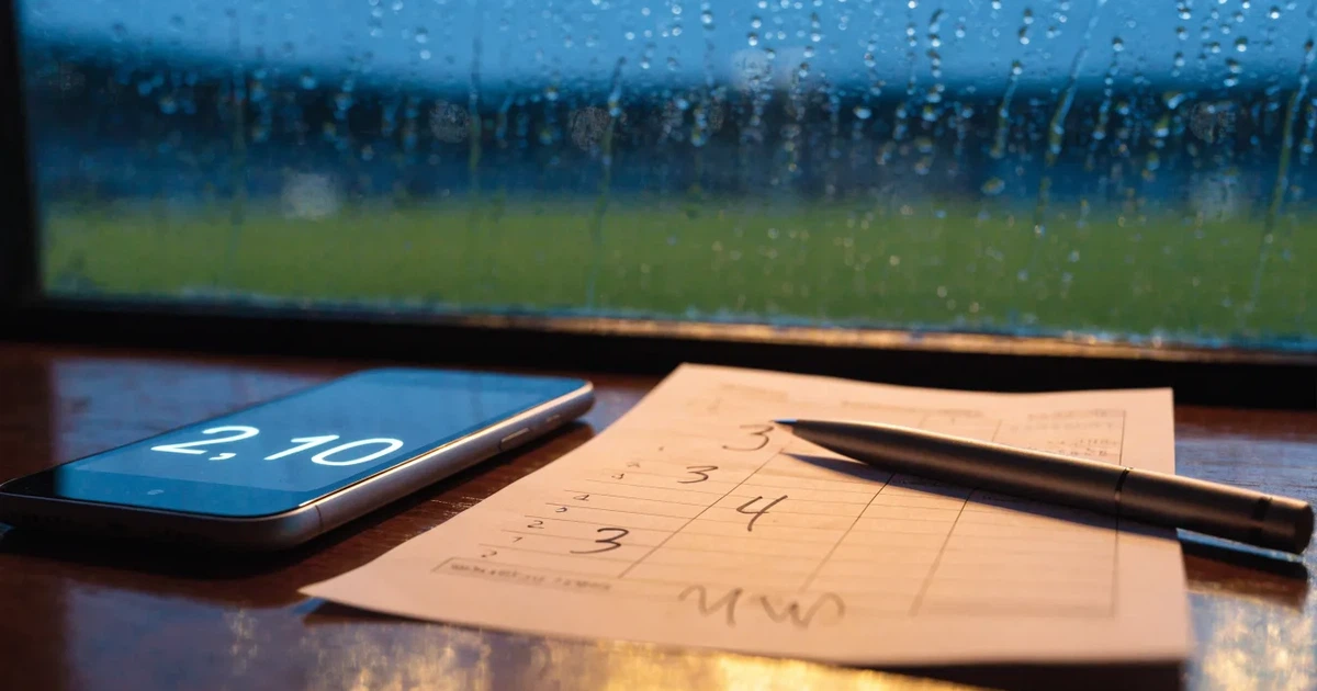 Ein Wetterbarometer hängt an einer Holzwand neben einem Fenster, draussen liegt ein nasser Fussballplatz im Regen.
