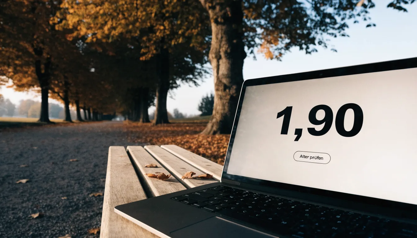 Eine Parkallee mit Kastanienbäumen und einer leeren Bank, Herbstlaub bedeckt den Kiesweg.