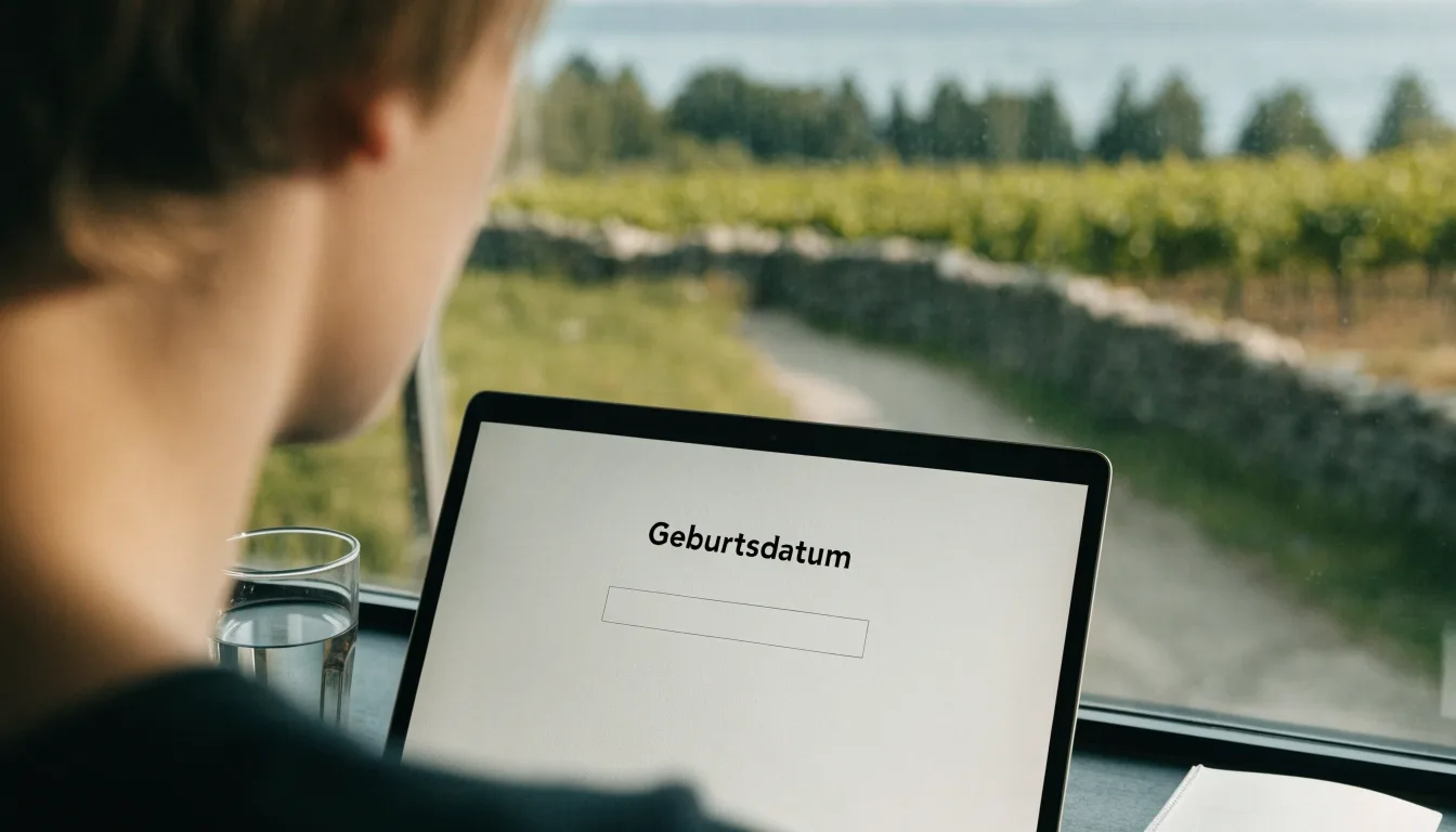 Eine Mauer aus Natursteinen am Wegrand, dahinter Weinberge, die zu einem See hinabführen.
