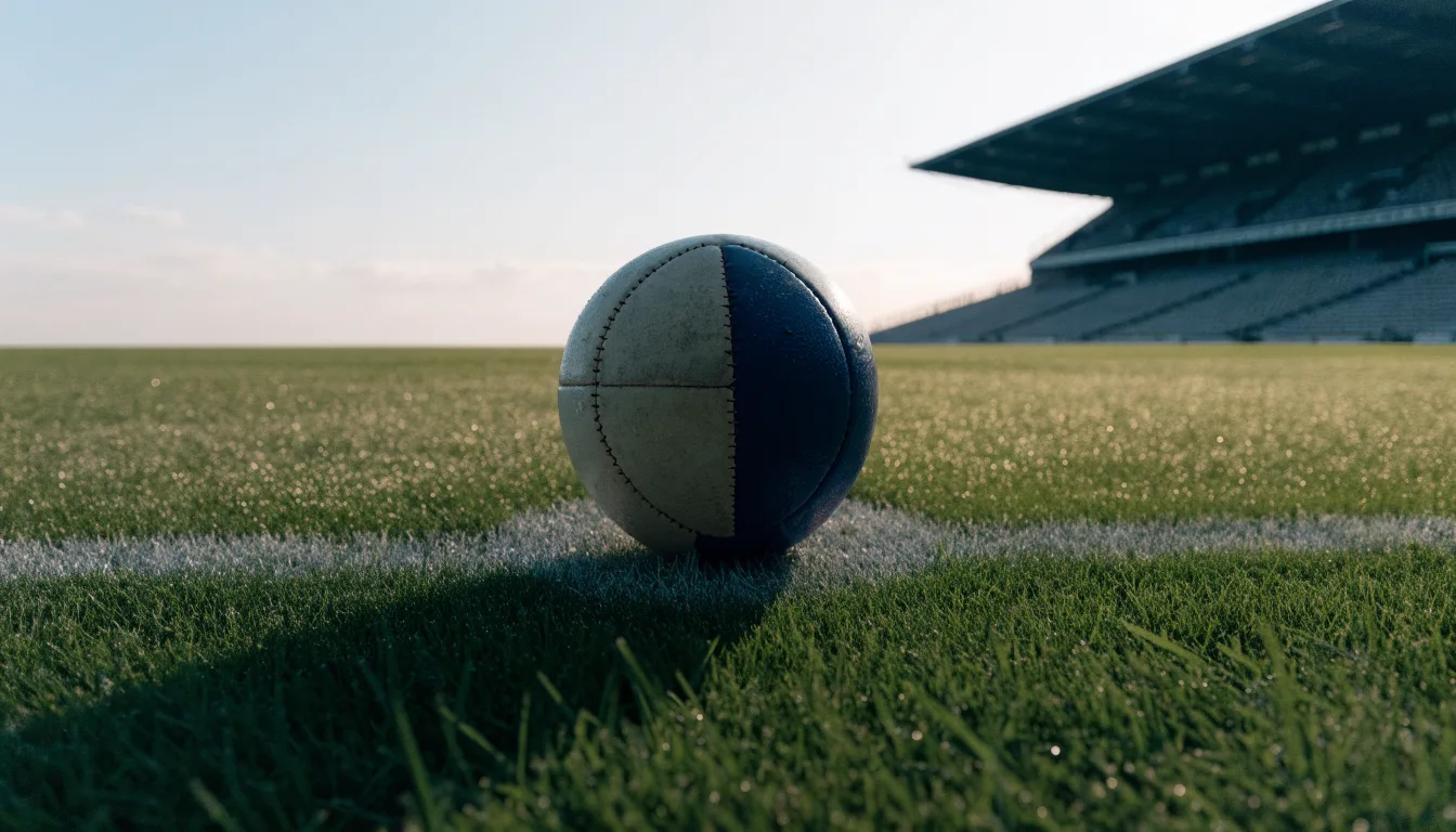 Ein Fussball liegt auf dem Anstosspunkt eines leeren Rasenplatzes im frühen Morgenlicht, dahinter erhebt sich eine menschenleere Tribüne.
