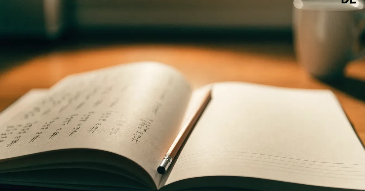 Ein aufgeschlagenes Notizbuch mit handschriftlichen Strichlisten und Spalten liegt neben einem Bleistift auf einem Holztisch im warmen Licht einer Schreibtischlampe.