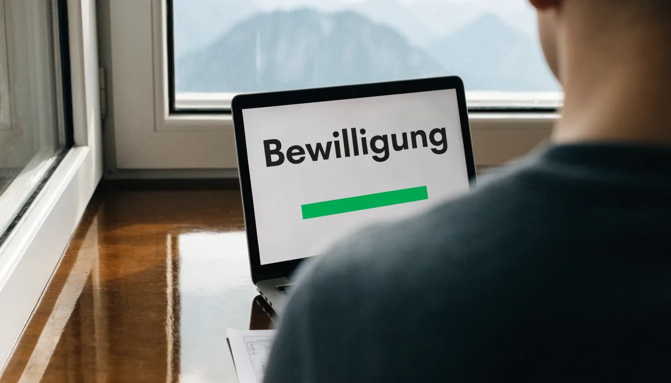 Eine Waage aus Messing steht auf einem polierten Schreibtisch in einem hellen Büro, durch das Fenster sind ferne Berge zu sehen.