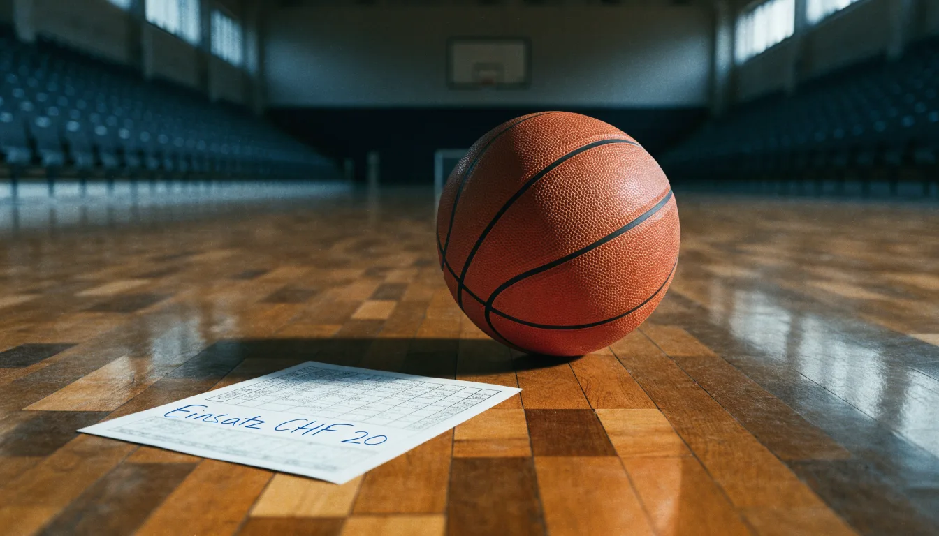 Ein Basketball liegt auf dem Parkett einer leeren Halle, von den Deckenlampen fällt gleichmässiges Licht auf den Boden.