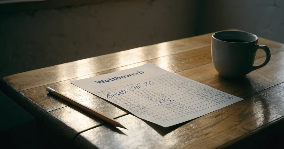 Ein leerer Wettschein aus Papier liegt auf einem Holztisch neben einem Bleistift und einem Kaffeebecher.