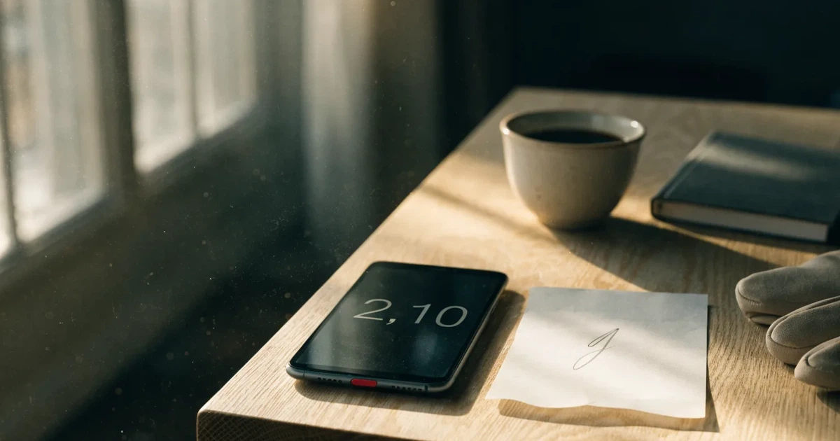 Ein Smartphone mit dunklem Display liegt neben einer Kaffeetasse auf einem hellen Tisch, daneben ein Notizblock.