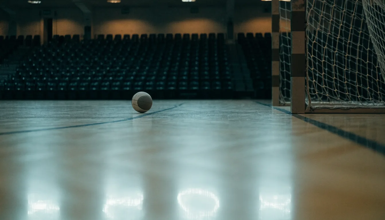 Ein Handballtor in einer leeren Sporthalle, der Ball liegt im Torraum und das Hallenlicht spiegelt sich im Parkett.