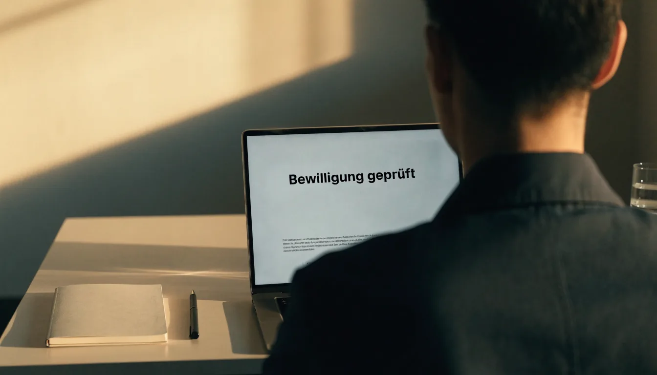 Eine breite Steintreppe führt zu einem hohen Portal aus dunklem Holz, das Licht der Dämmerung liegt auf den Stufen.