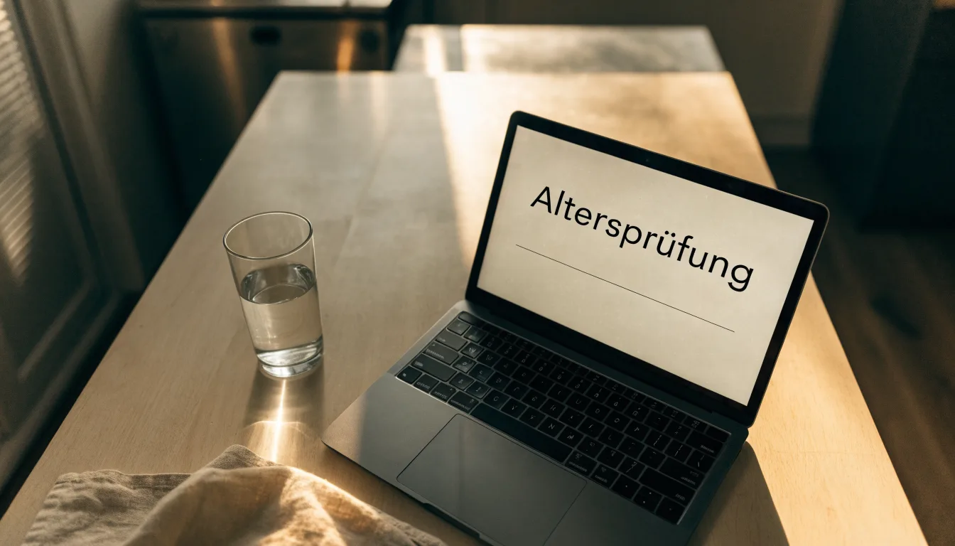 Ein geschlossener Laptop steht neben einem Glas Wasser auf einem Küchentisch im Licht des frühen Morgens.