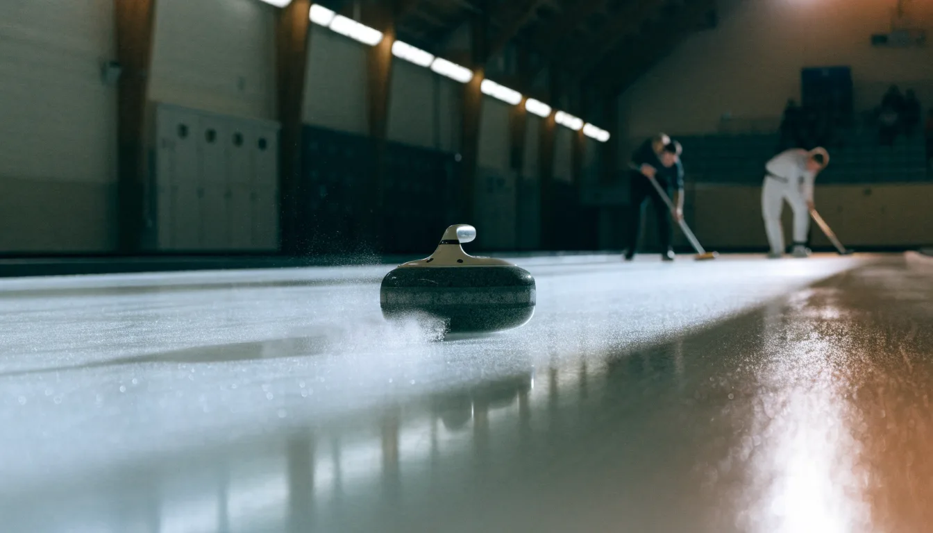 Mehrere Curlingsteine liegen auf einer glatten Eisfläche in einer leeren Halle, Deckenlicht spiegelt sich im Eis.