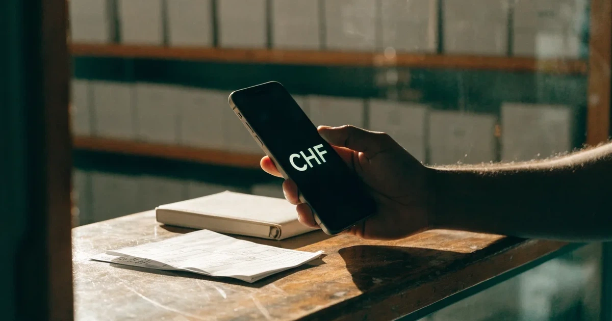 Eine Hand hält ein Smartphone mit dunklem Display knapp über eine hölzerne Ladentheke in einem kleinen Geschäft.