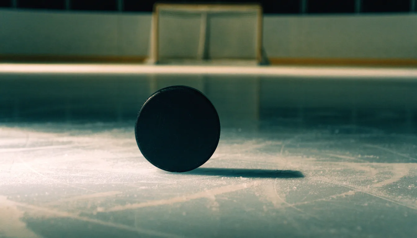 Ein Eishockeypuck liegt in Grossaufnahme auf der Eisfläche, feine Kratzer im Eis glänzen im hellen Hallenlicht.