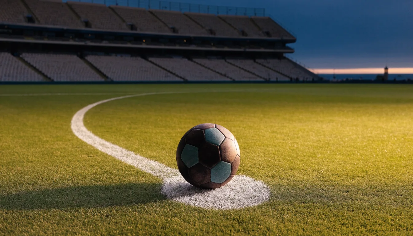 Ein Fussball liegt auf dem Mittelkreis eines leeren Rasenplatzes, dahinter ragen leere Tribünenreihen in den Abendhimmel.