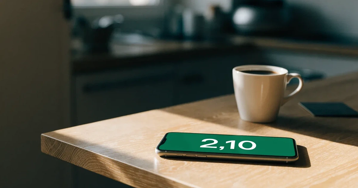 Ein Smartphone mit dunklem Display liegt auf einem hellen Holztisch neben einer Kaffeetasse, Morgenlicht fällt schräg durch ein Fenster.