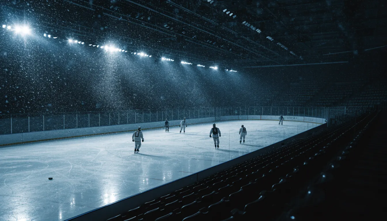 Eine Eishockeybahn liegt unter Flutlicht aus der Ferne betrachtet, leichter Schneefall treibt durch den Lichtkegel über dem Eis.