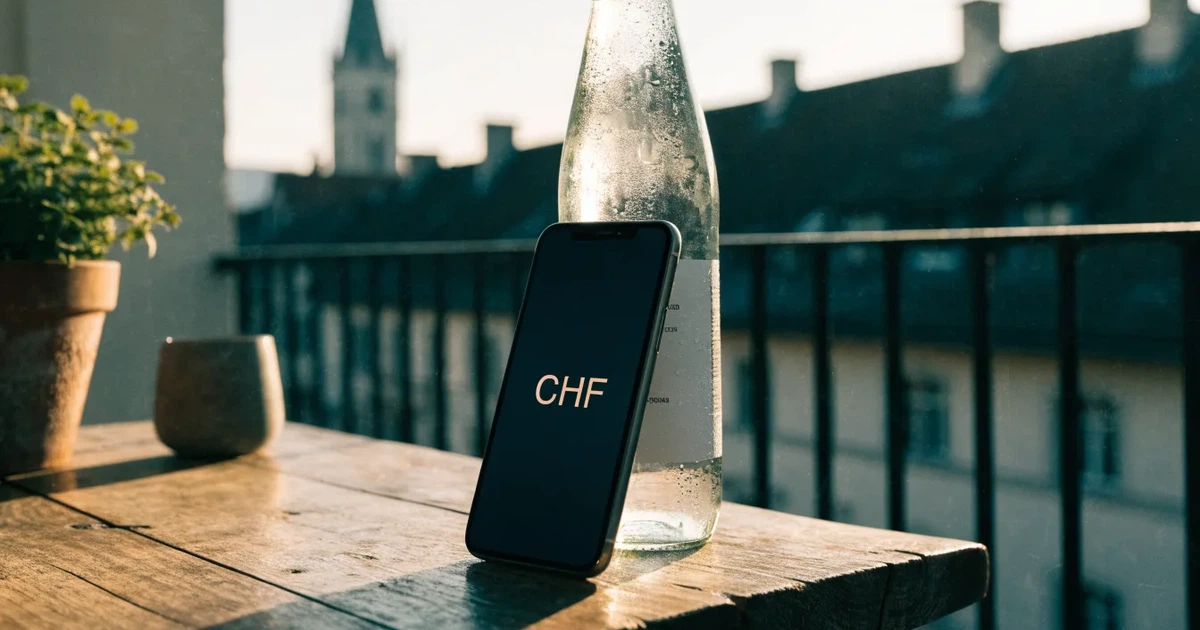 Ein Smartphone mit dunklem Display lehnt an einer Glasflasche auf einem Balkontisch, dahinter liegt eine Altstadt in der Abendsonne.