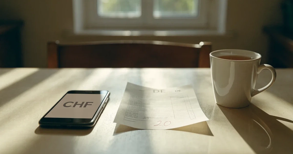 Ein Stapel schlichter Briefumschläge liegt auf einem Küchentisch neben einer Tasse Tee, durch das Fenster fällt Morgenlicht.