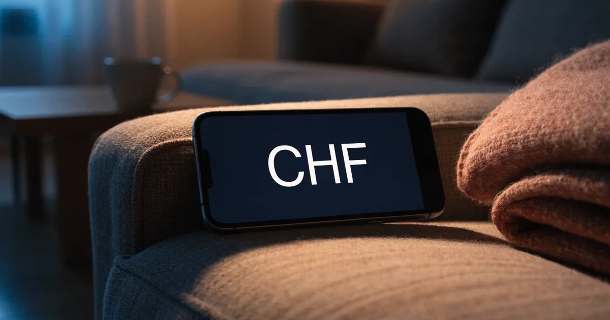 Ein Smartphone mit dunklem Display liegt auf der Lehne eines Sofas neben einer Wolldecke, warmes Abendlicht fällt ins Zimmer.