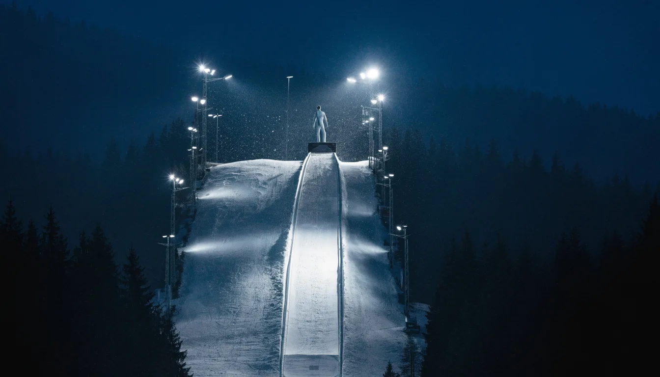 Eine Skisprungschanze steht am Abend im Flutlicht, aus der Ferne betrachtet, umgeben von dunklem Tannenwald und leichtem Schnee.