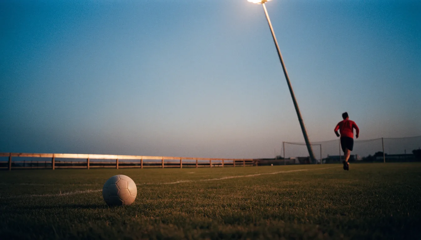 Ein kleiner Dorf-Fussballplatz liegt in der Dämmerung unter einem hohen Flutlichtmast, am Spielfeldrand steht ein Holzzaun.