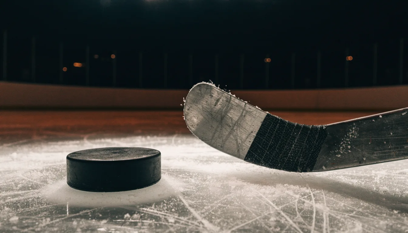 Ein Eishockeypuck liegt auf der Eisfläche neben dem Blatt eines Schlägers, die Bande dahinter ist im Dunkeln nur schwach zu erkennen.