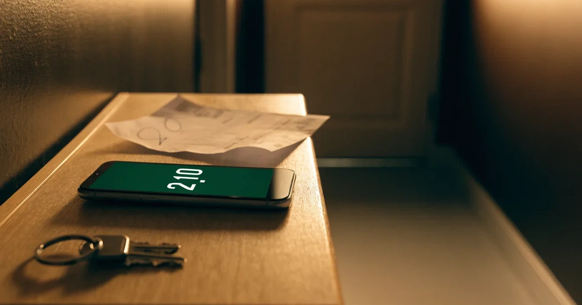 Ein Schlüsselbund und ein Smartphone mit dunklem Display liegen auf einer Holzbank in einem Hauseingang, daneben ein Regenschirm.