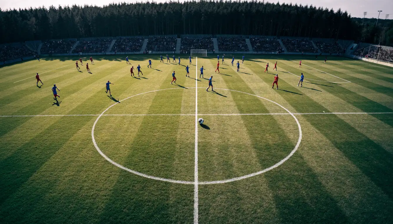 Ein Rasenplatz mit Spielfeldlinien ist von oben gesehen, ein einzelner Ball liegt in der Mitte, rundherum stehen leere Tribünen und Tannenwald.