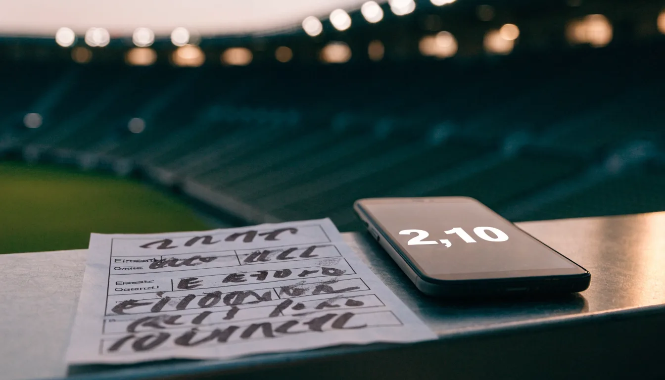 Leere Tribünenränge eines Fussballstadions in der Abenddämmerung, über dem Rasen leuchten die Flutlichter.
