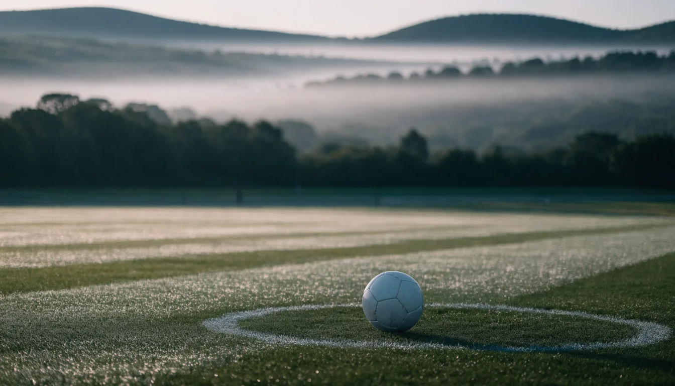 Ein Fussball liegt am frühen Morgen auf dem Anstosspunkt eines taunassen Rasens, im Hintergrund erheben sich Hügel im Dunst.