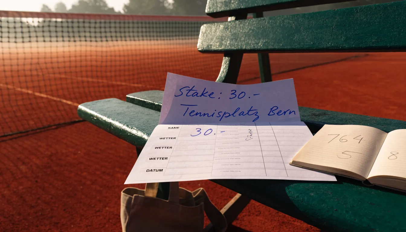 Ein Tennisplatz im Morgengrauen mit gespanntem Netz und feinem Dunst über der roten Asche.