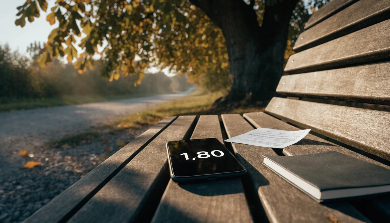 Eine Parkbank unter einer Kastanie im Herbst, auf dem Kiesweg liegen gelbe Blätter.