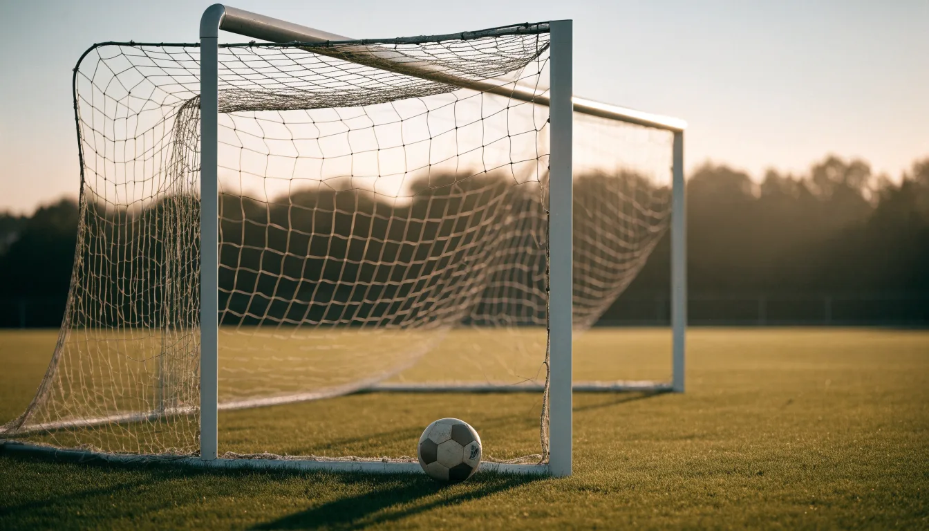 Ein Fussballtor mit locker hängendem Netz auf einem Trainingsplatz, das sich leicht im Wind bewegt.