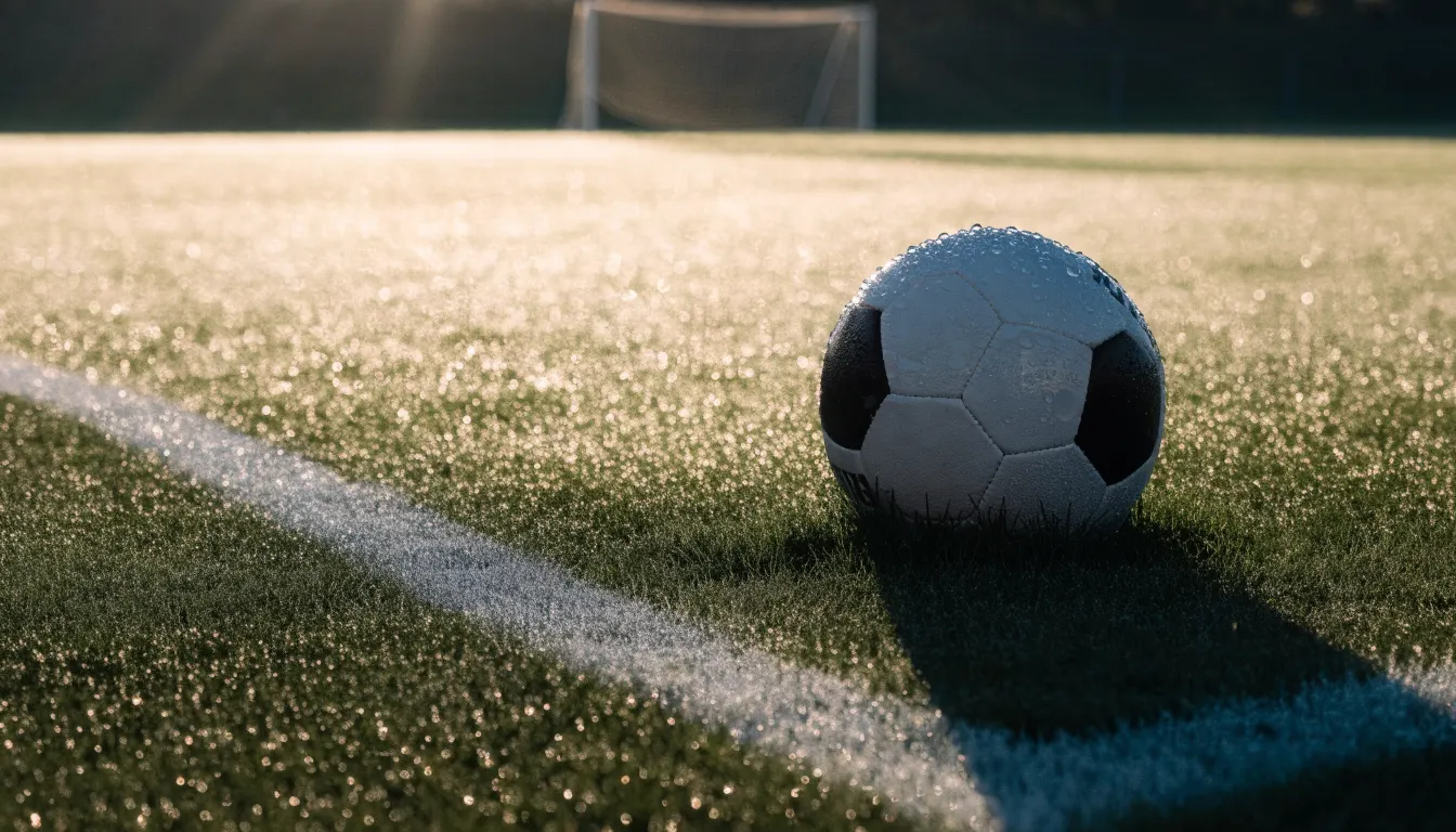 Ein Fussball ruht an der Seitenlinie im taufeuchten Gras, die ersten Sonnenstrahlen fallen schräg über den Platz.