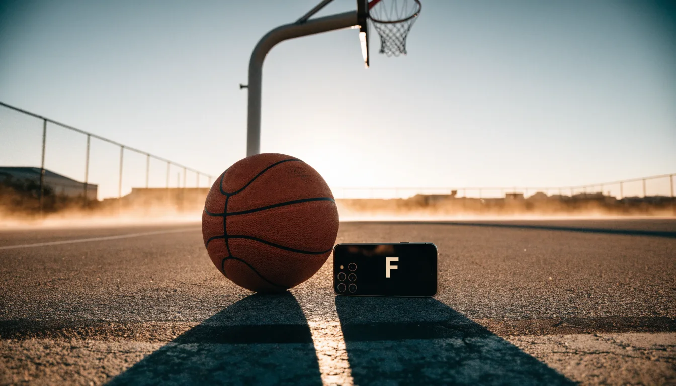 Ein Basketball liegt bei Sonnenuntergang auf einem leeren Aussenplatz, lange Schatten fallen über den Boden.
