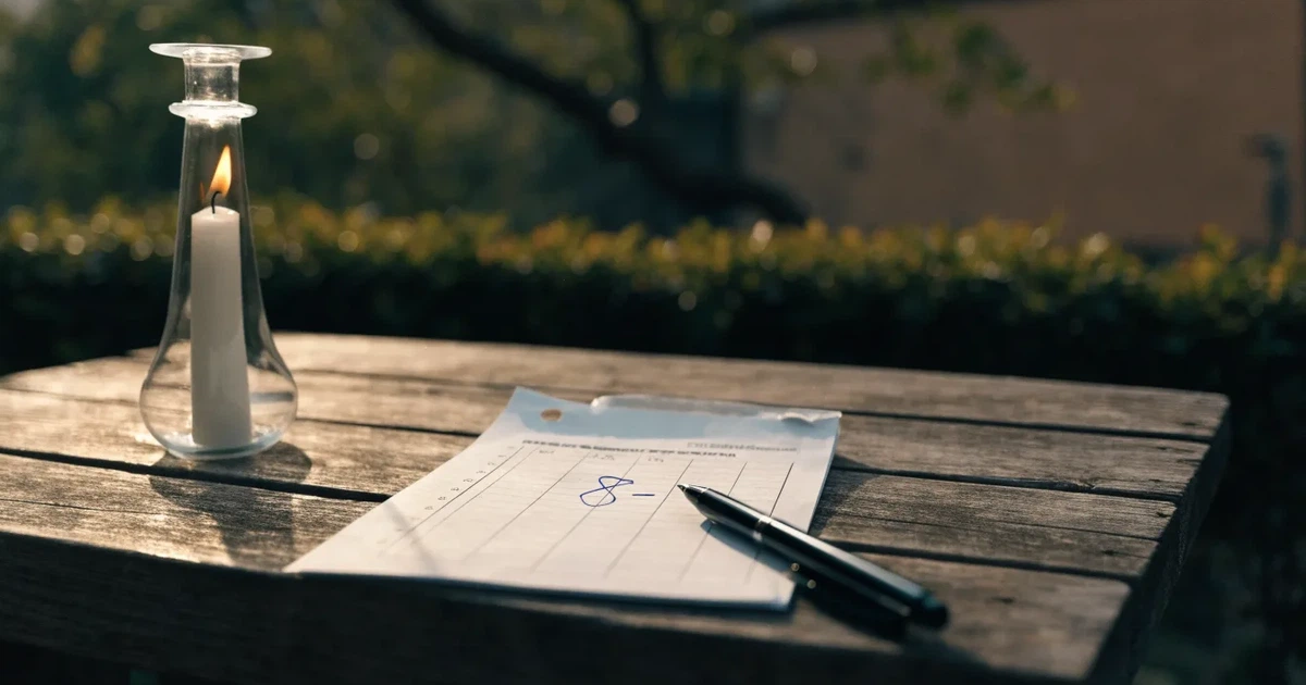 Ein leeres Wettschein-Papier und ein Kugelschreiber liegen auf einem Gartentisch auf einer Terrasse, daneben steht ein Windlicht.