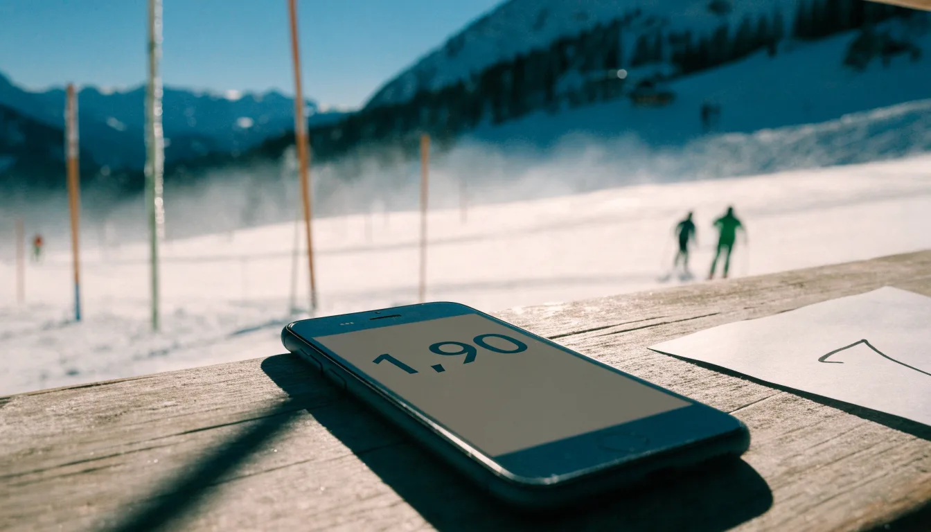 Skispuren im frischen Schnee an einem sonnigen Hang vor blauem Himmel.
