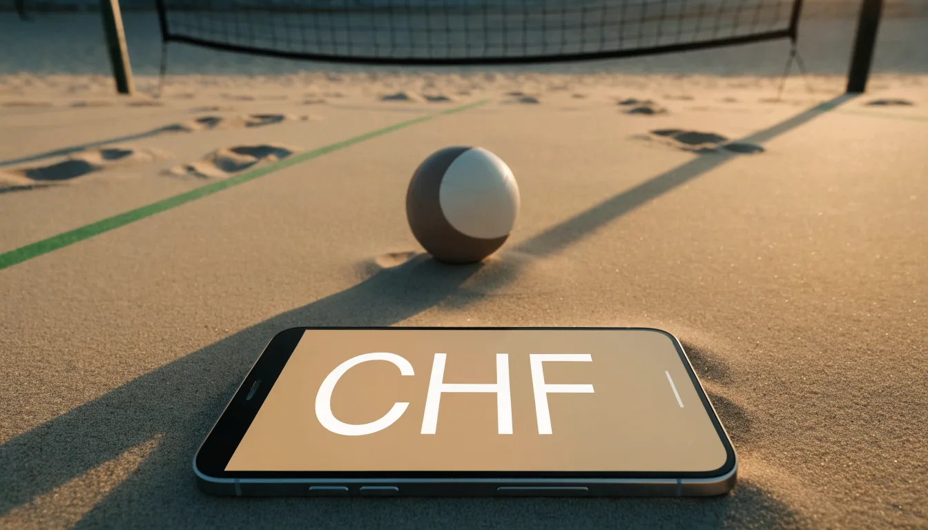 Ein Volleyball liegt auf feinem Sand an einem leeren Strand bei Sonnenaufgang.