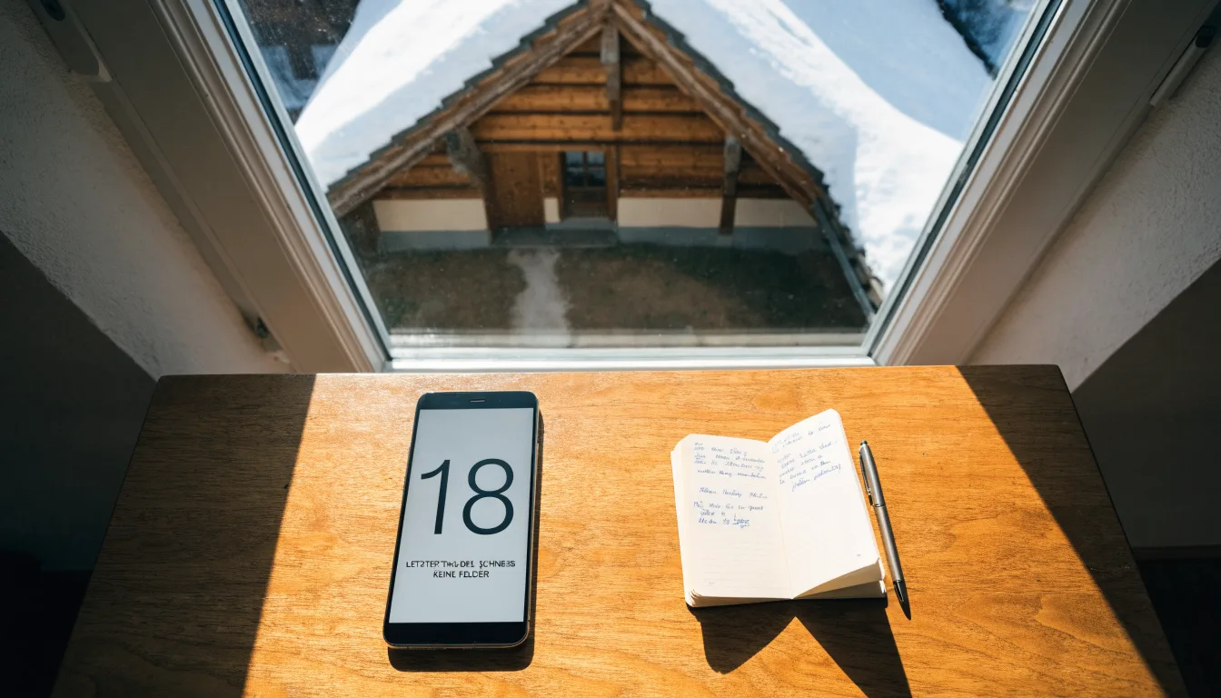 Ein Holzchalet mit Schnee auf dem Dach im klaren Sonnenlicht, davor ein geräumter Weg.