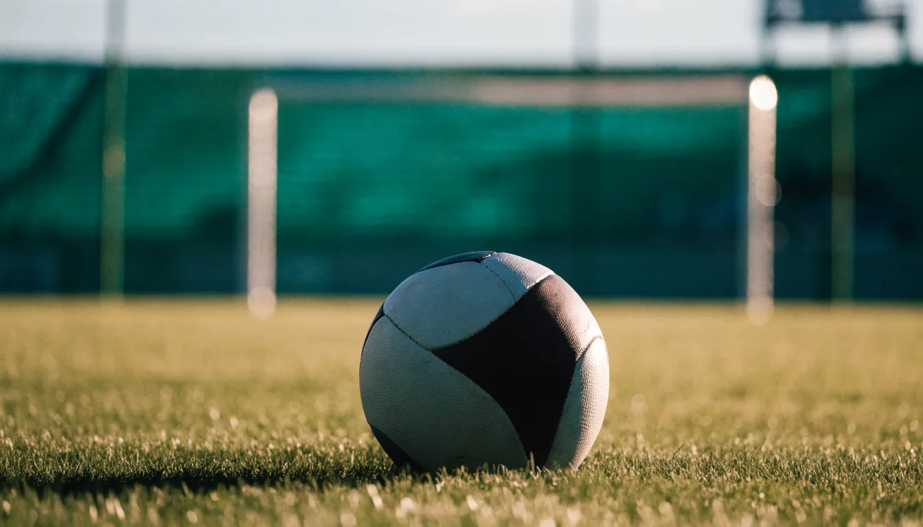 Ein Fussball auf dem Rasen aus niedriger Perspektive aufgenommen, die Torpfosten verschwimmen im Hintergrund.